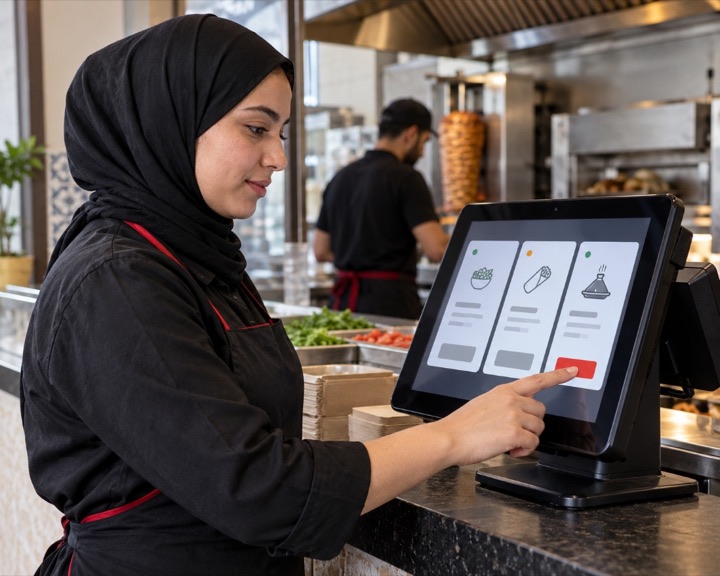 Caissière utilisant l'interface tactile Resto Caisse sur terminal comptoir