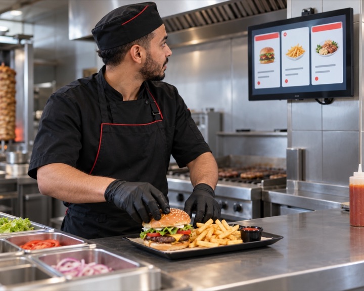 Cuisinier préparant la commande devant l'écran KDS de cuisine Resto Caisse