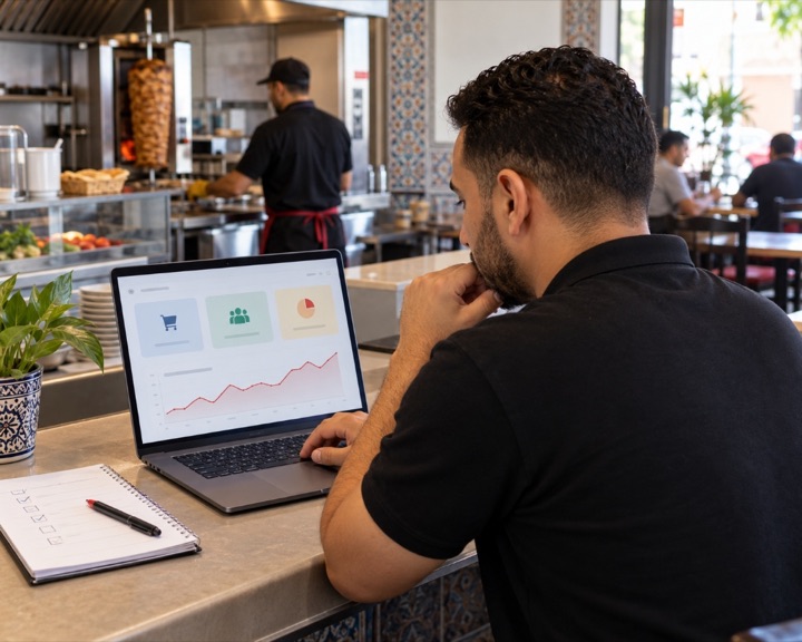 Gérant analysant le tableau de bord des ventes et statistiques Resto Caisse sur ordinateur portable