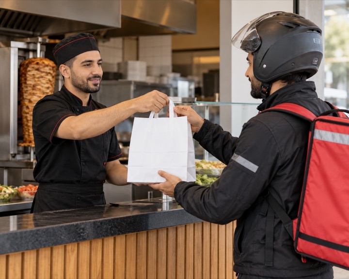 Remise du sac de commande étiqueté au livreur au comptoir